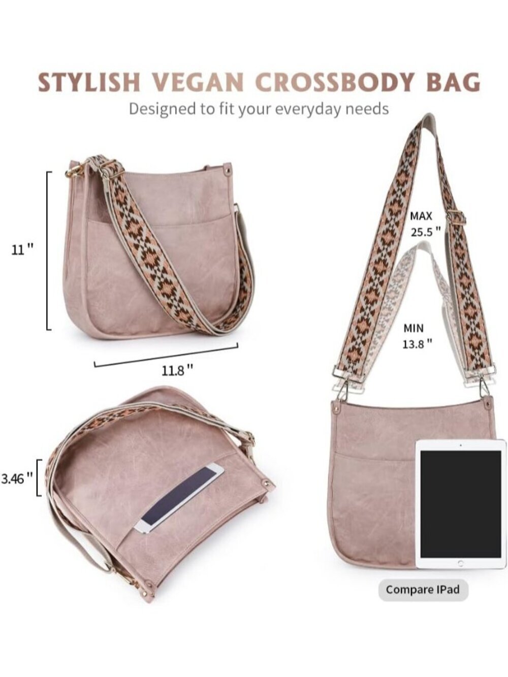 Women's Light Pink Leather Small Crossbody Bag Wide Guitar Strap Shoulder Purse - Picture 2 of 6